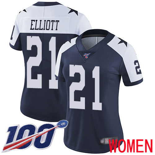 Women Dallas Cowboys Limited Navy Blue Ezekiel Elliott Alternate #21 100th Season Vapor Untouchable Throwback NFL Jersey